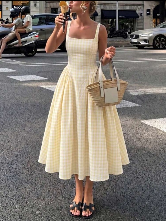 SHEIN Dresses & Skirts - SHEIN Yellow Gingham Square Neck Midi Dress